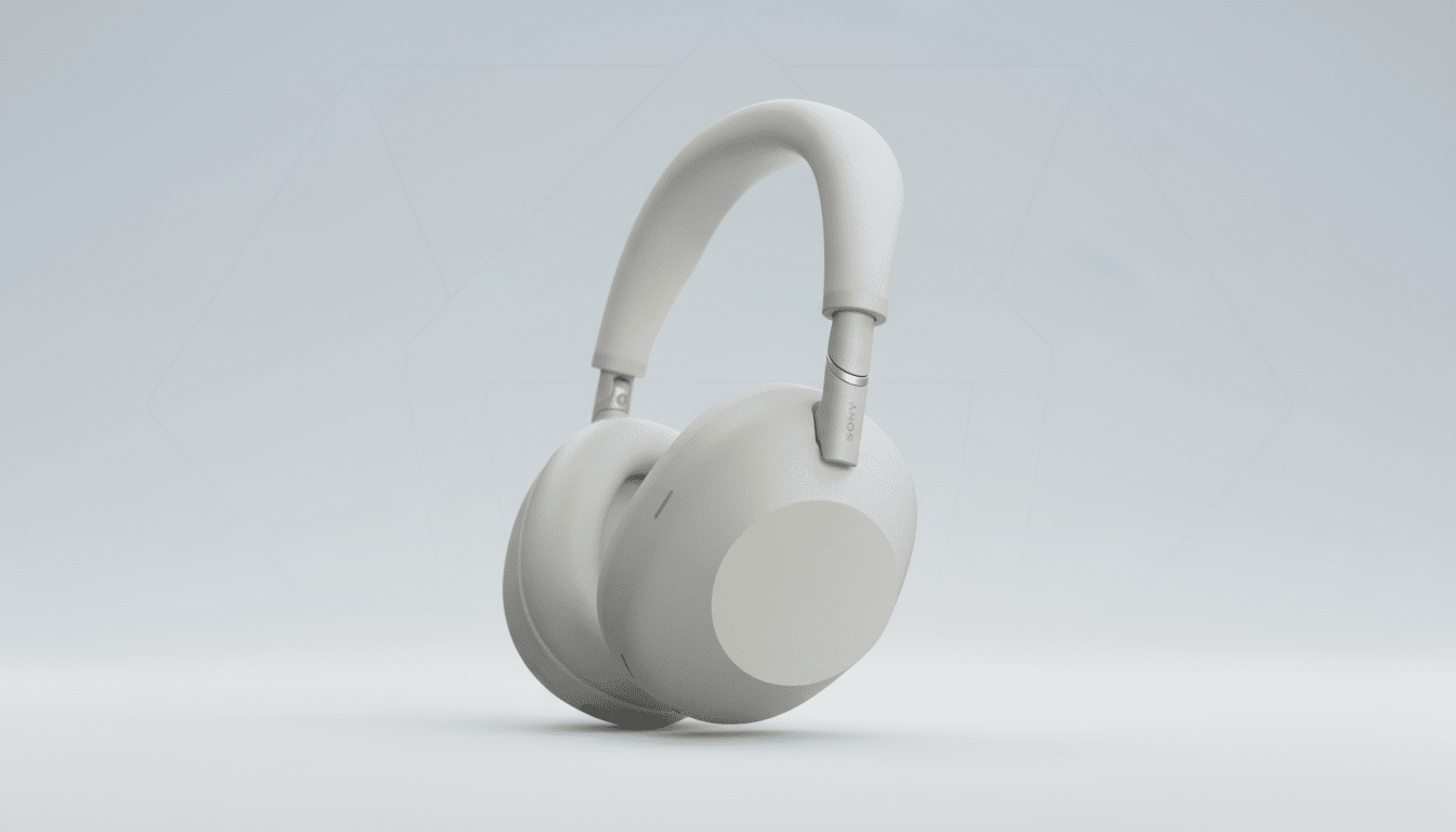 A pair of light gray Sony headphones with a subtle patterned background, presented in a 16:9 aspect ratio.
