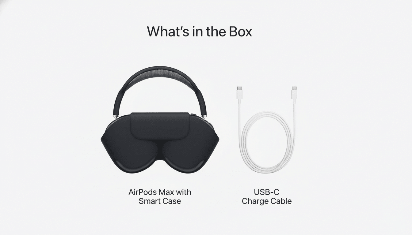 A 16:9 image showing the contents of an AirPods Max box: a pair of space gray AirPods Max headphones in their Smart Case and a coiled white USB-C charge cable, all against a clean, light gray background.