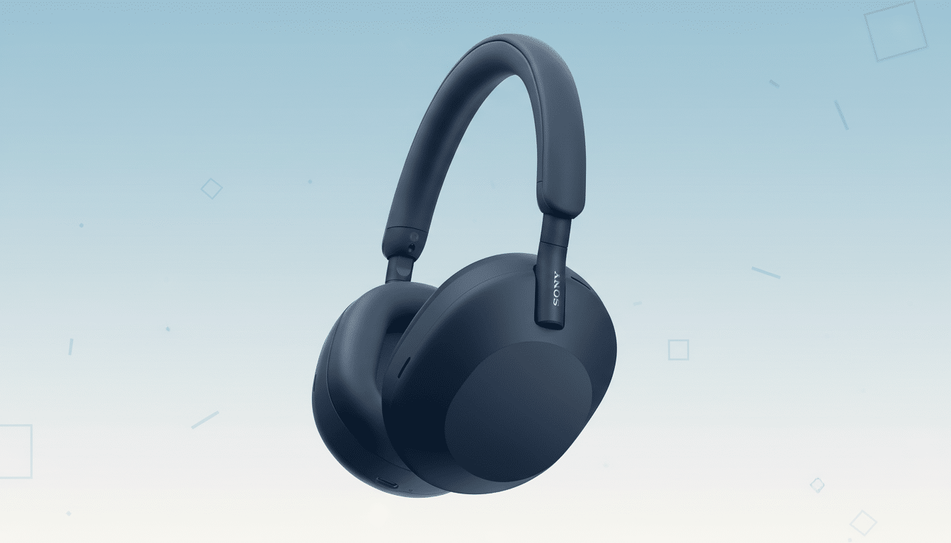 A pair of dark blue Sony WH-1000XM5 headphones on a light blue background with subtle geometric patterns.