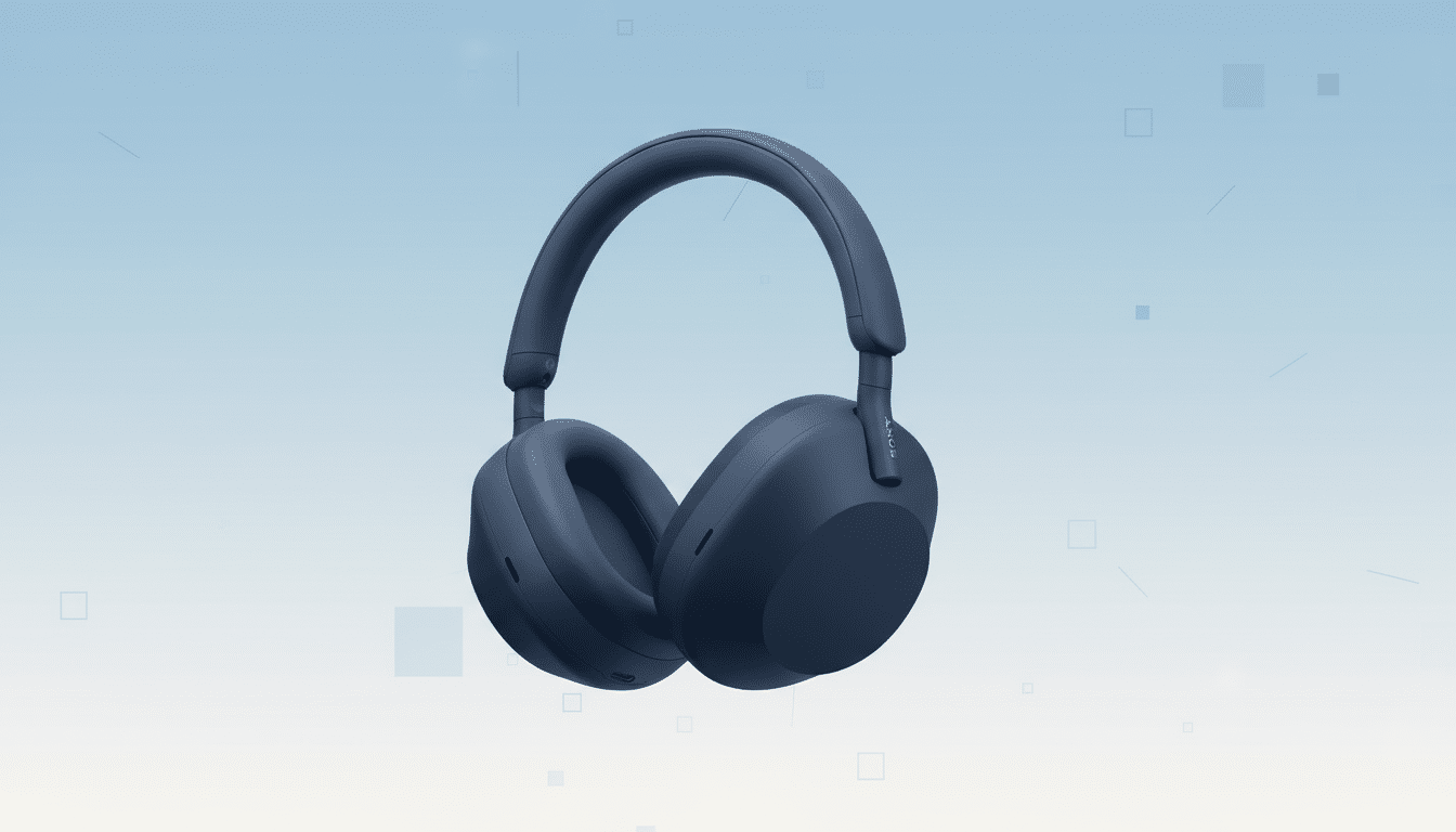 A pair of dark blue Sony headphones with a professional flat design background featuring soft blue and white gradients and subtle geometric patterns.
