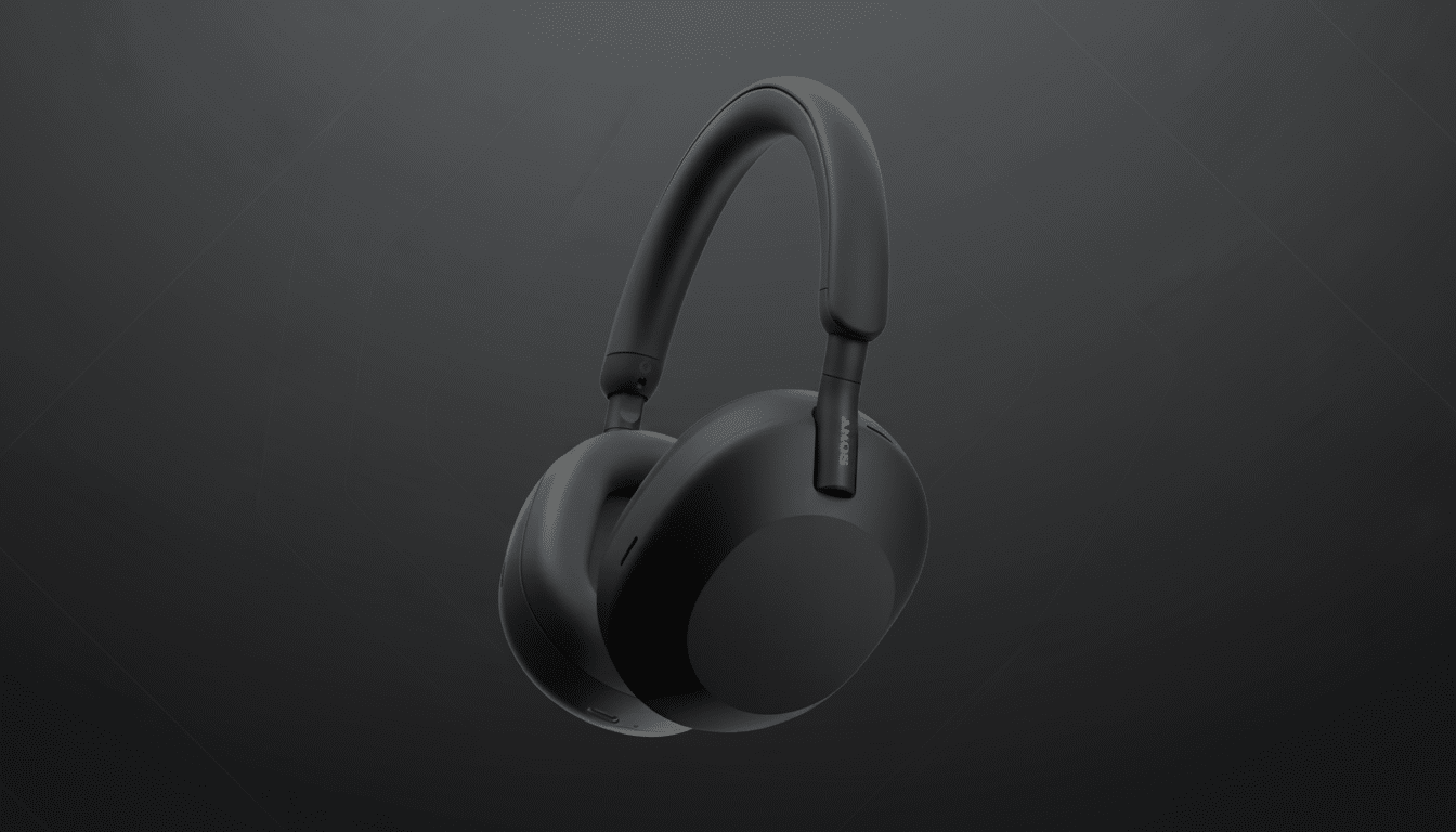 A pair of black Sony WH-1000XM5 headphones is shown at a slight angle against a dark gray background with subtle, soft patterns.