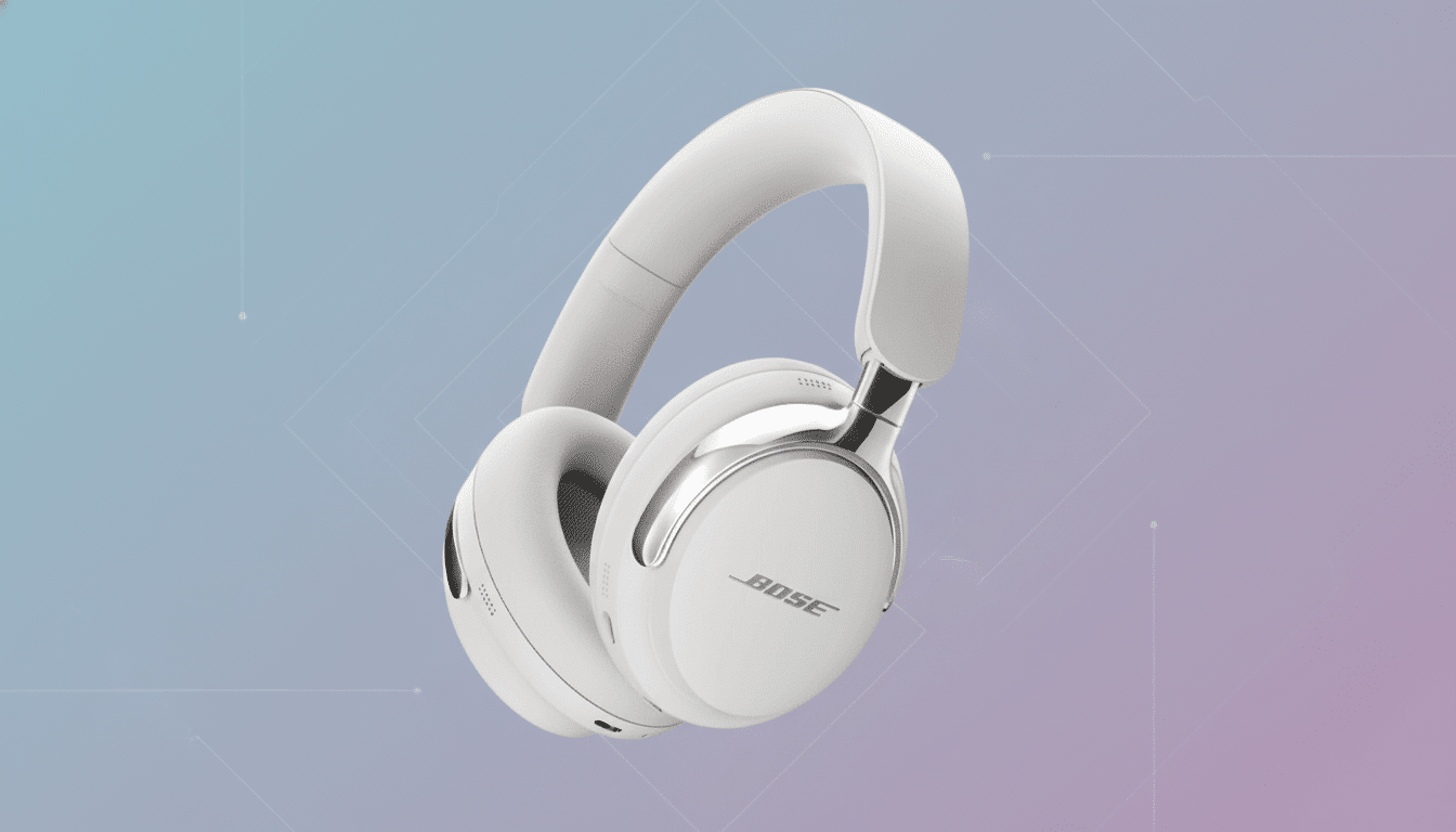 A pair of white Bose headphones with silver accents, presented on a professional flat design background with soft blue and purple gradients and subtle geometric patterns.