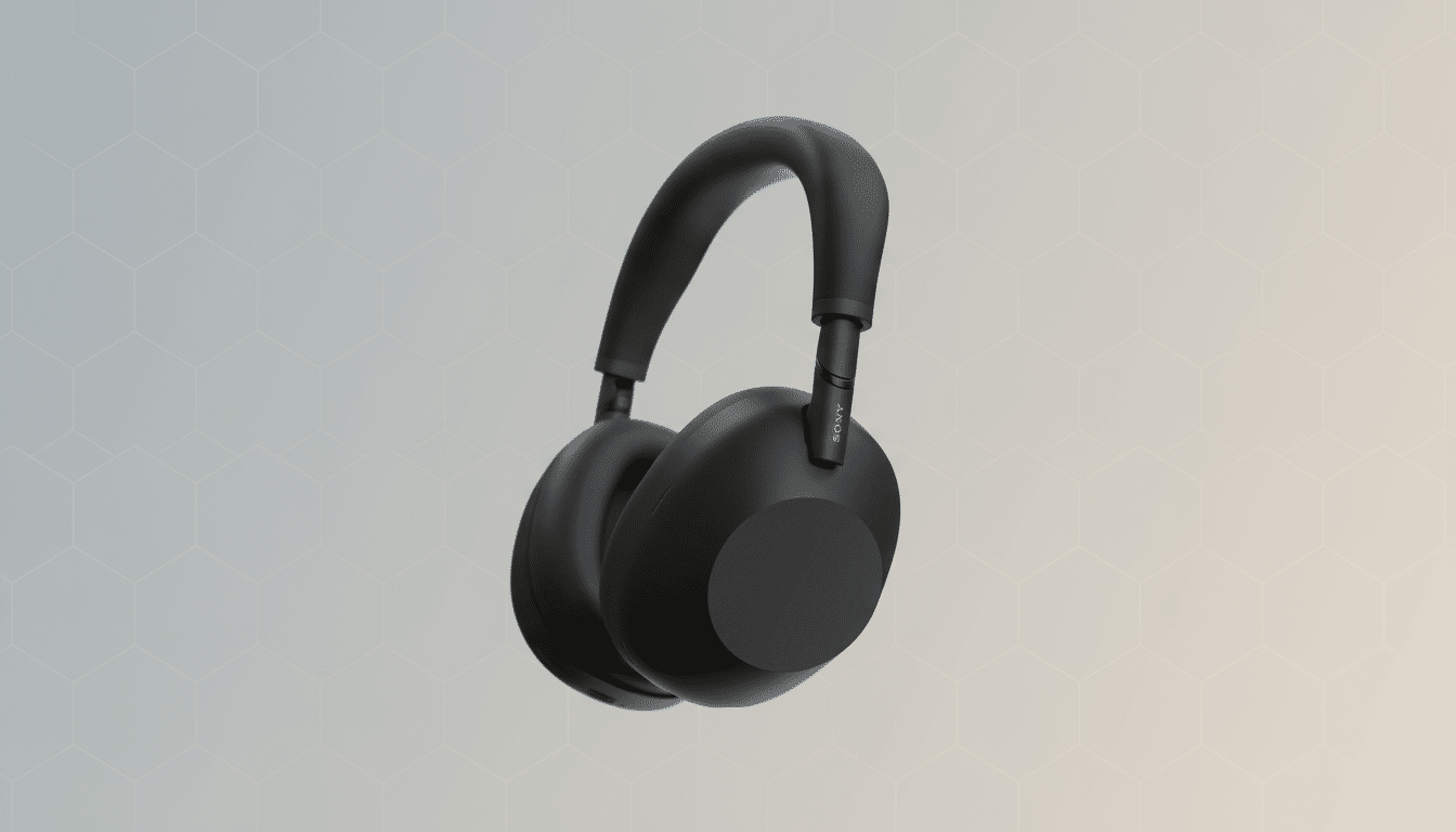 A pair of black Sony WH-1000XM5 headphones on a professional flat design background with soft patterns and gradients.