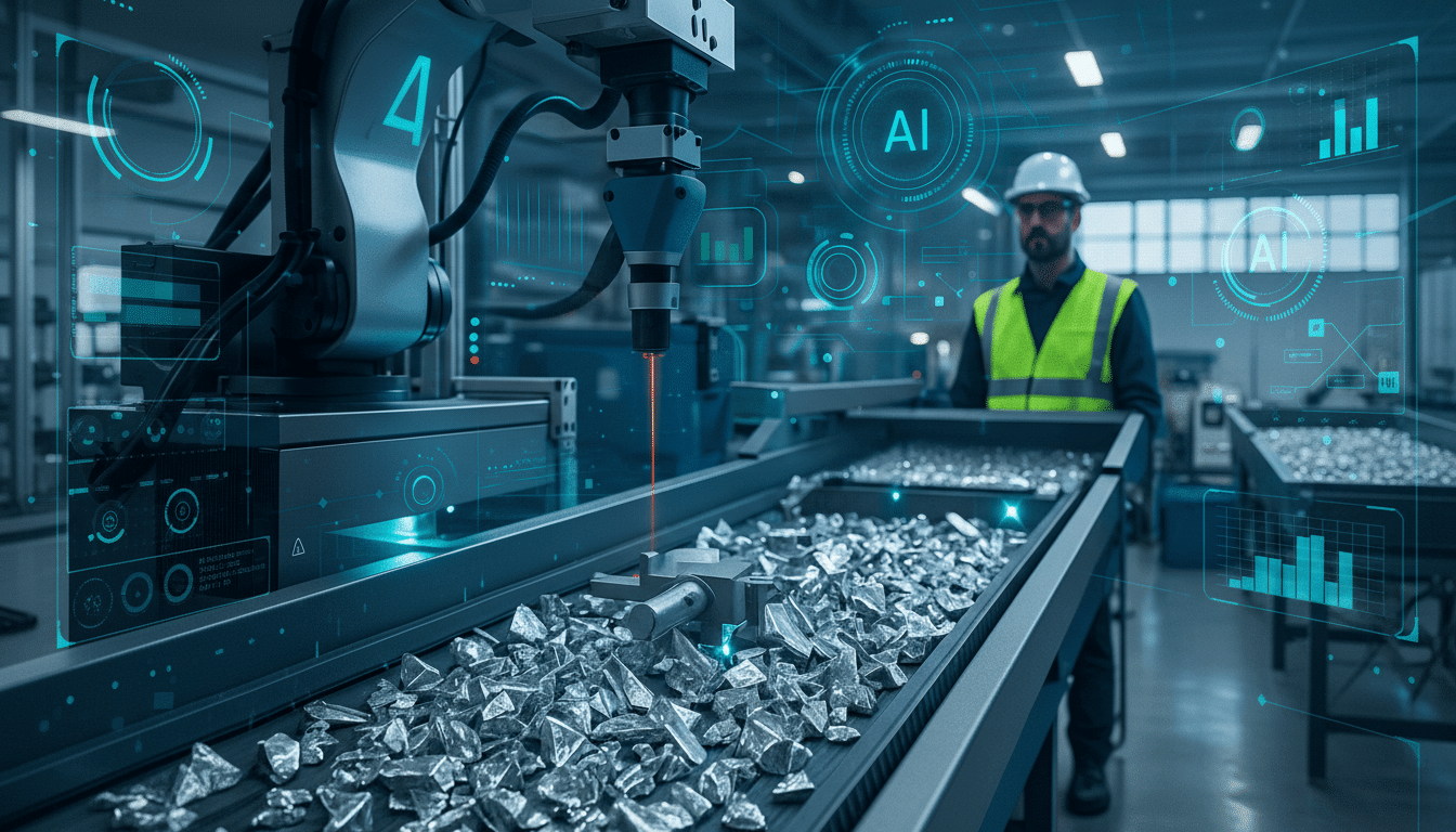 A factory worker in a hard hat and safety vest stands behind a conveyor belt carrying metallic fragments, with a robotic arm and AI interface overlays in the foreground.