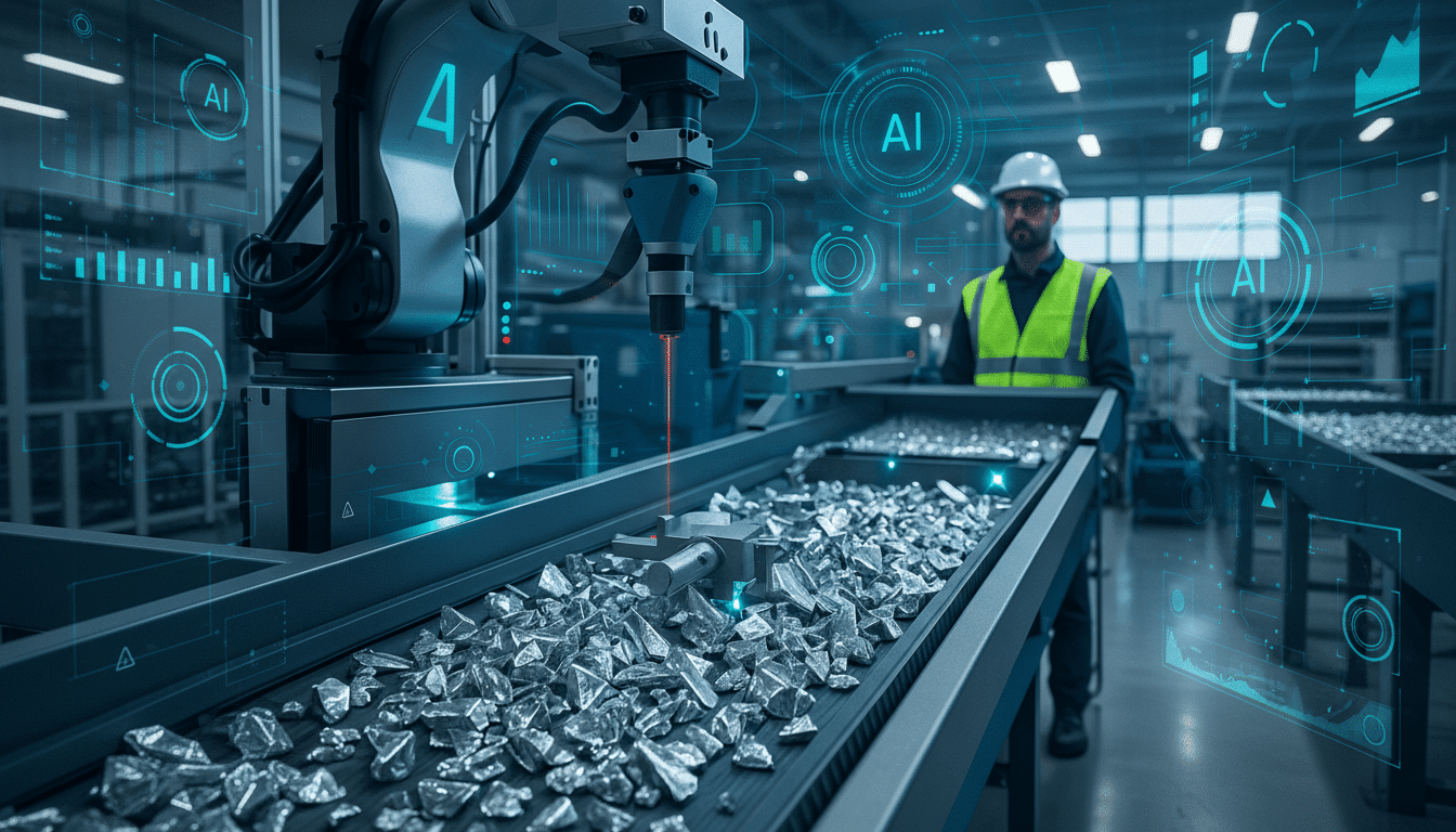 A factory worker in a hard hat and safety vest stands near a conveyor belt with metal scraps, while an AI-powered robotic arm with a laser scans the materials.