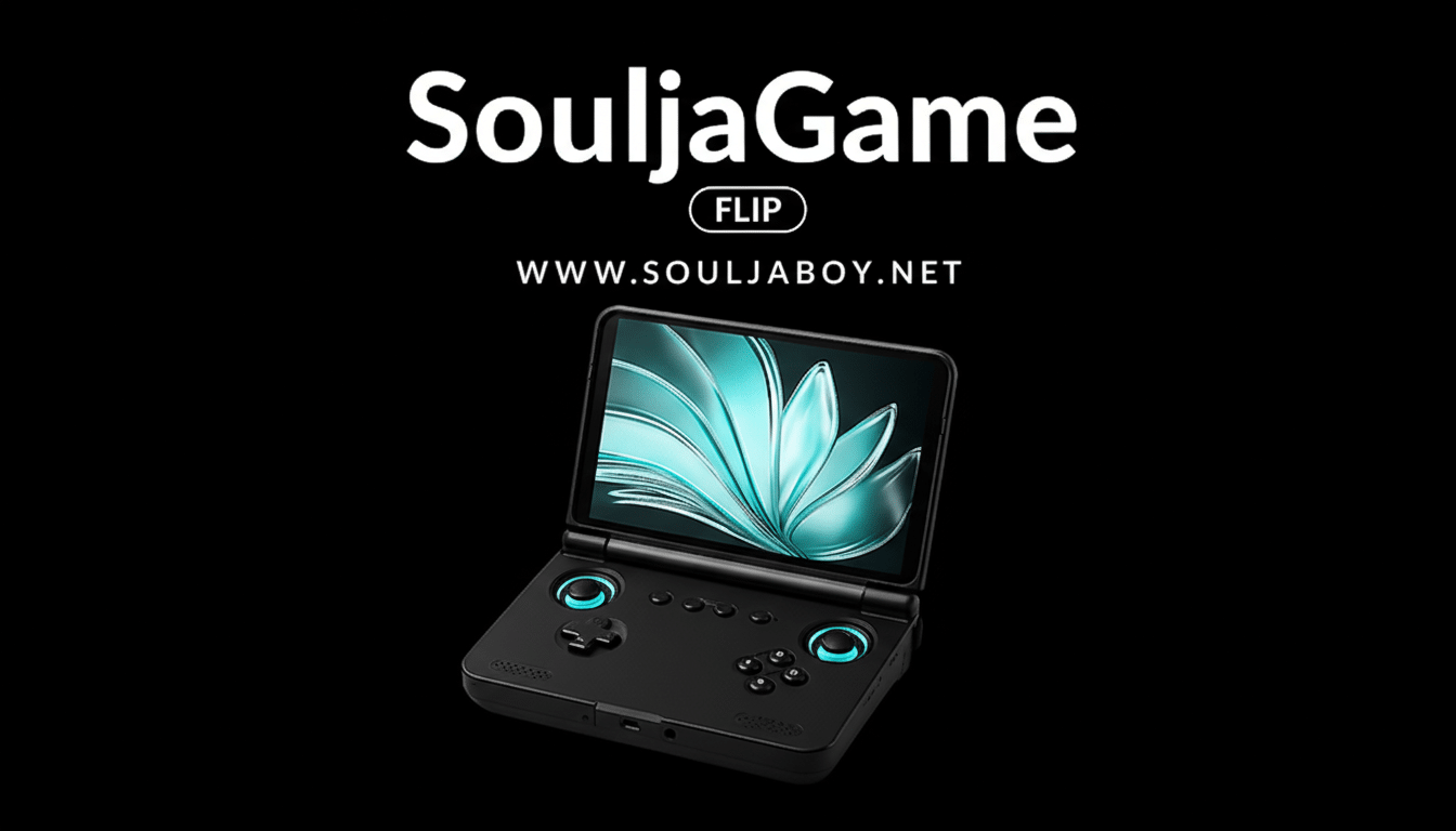 A black SouljaGame Flip handheld gaming console with a screen displaying a blue floral design, set against a black background with SouljaGame FLIP and WWW.SOULJABOY.NET in white text.