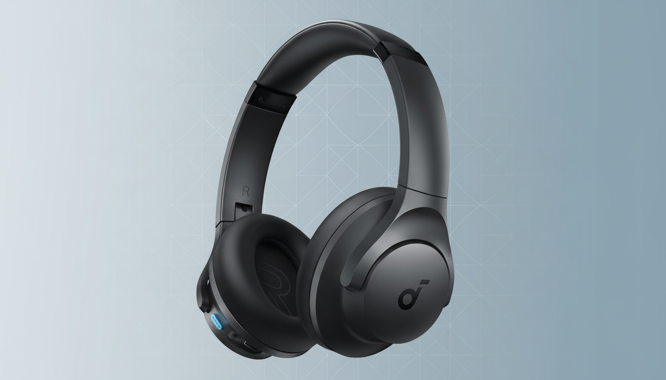 A pair of black Anker Soundcore headphones on a light blue background with a subtle geometric pattern.