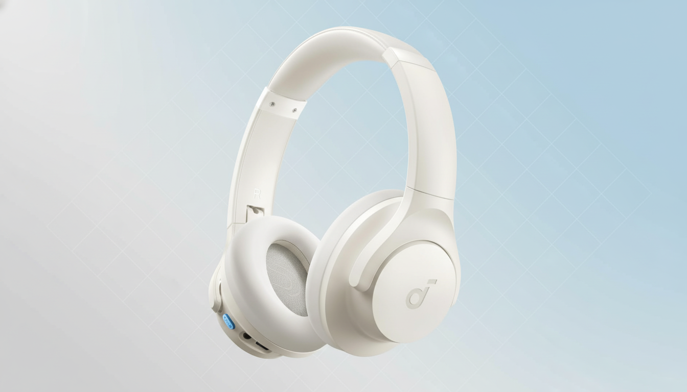 A pair of white over-ear headphones with a subtle blue gradient background, presented in a 16:9 aspect ratio.