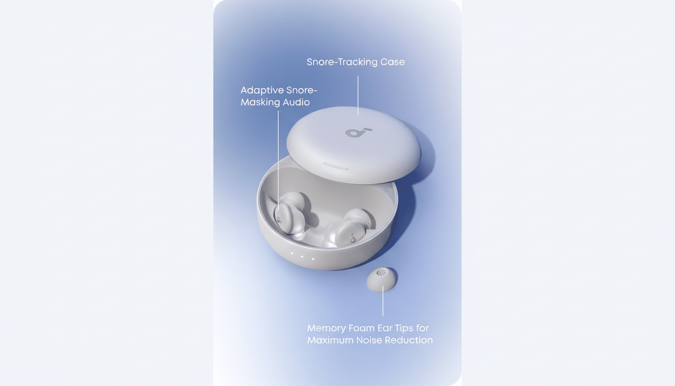 A white, open charging case for earbuds, with two earbuds inside and one ear tip detached. Text labels point to Snore-Tracking Case, Adaptive Snore-Masking Audio, and Memory Foam Ear Tips for Maximum Noise Reduction. The background is a soft blue gradient.