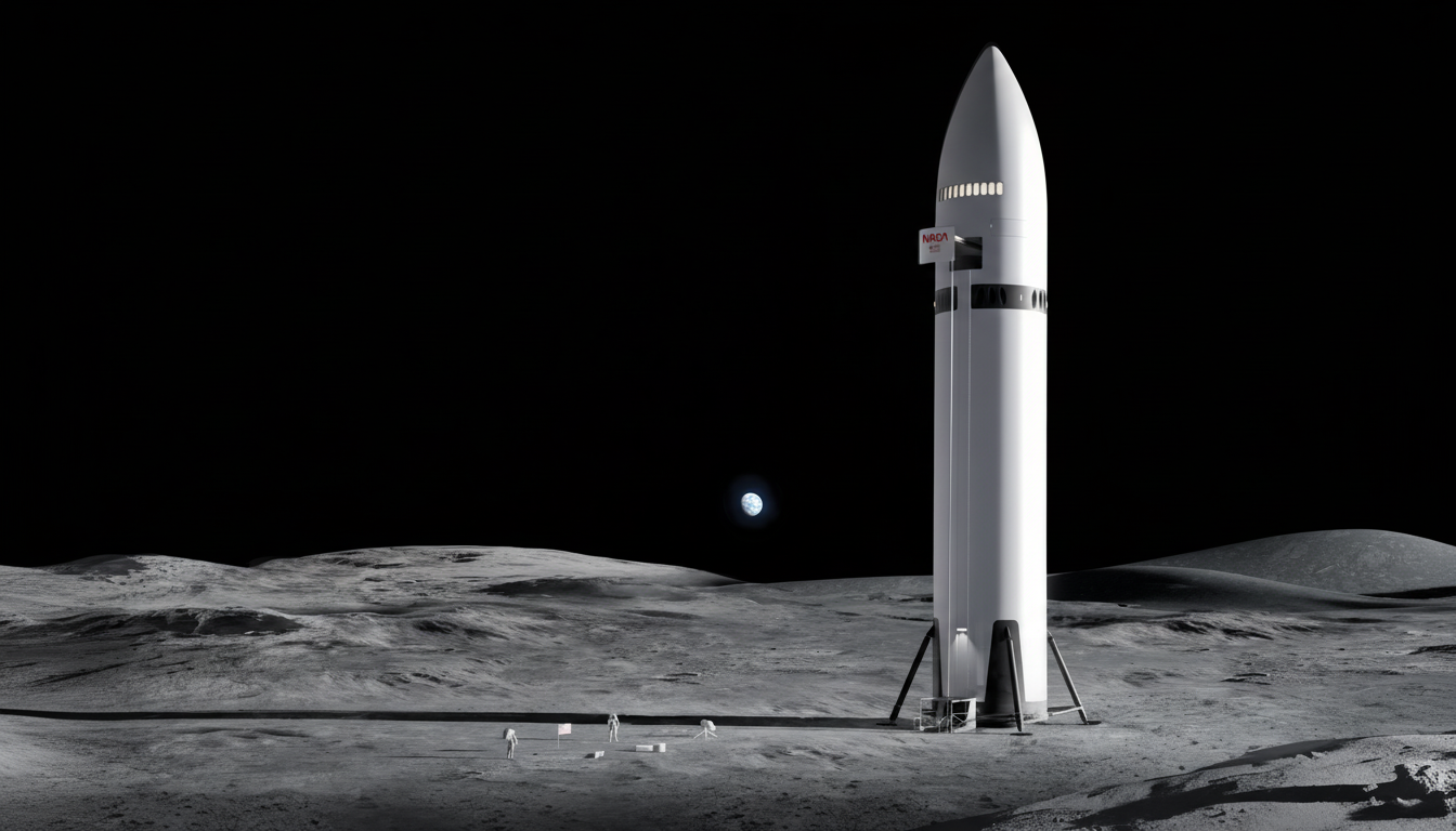 A white rocket stands on the lunar surface with the Earth visible in the distance.
