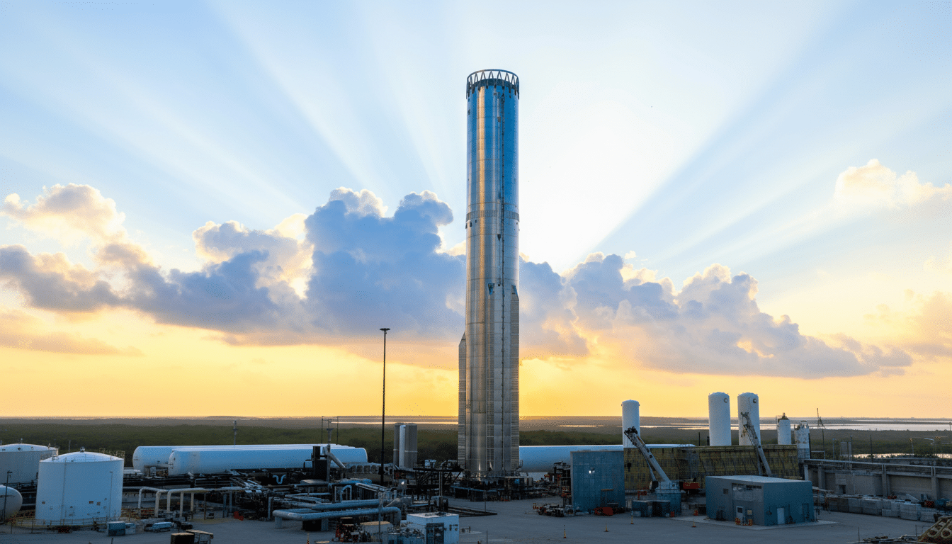A tall, silver rocket stands upright against a dramatic sky with sun rays beaming through clouds at sunset.