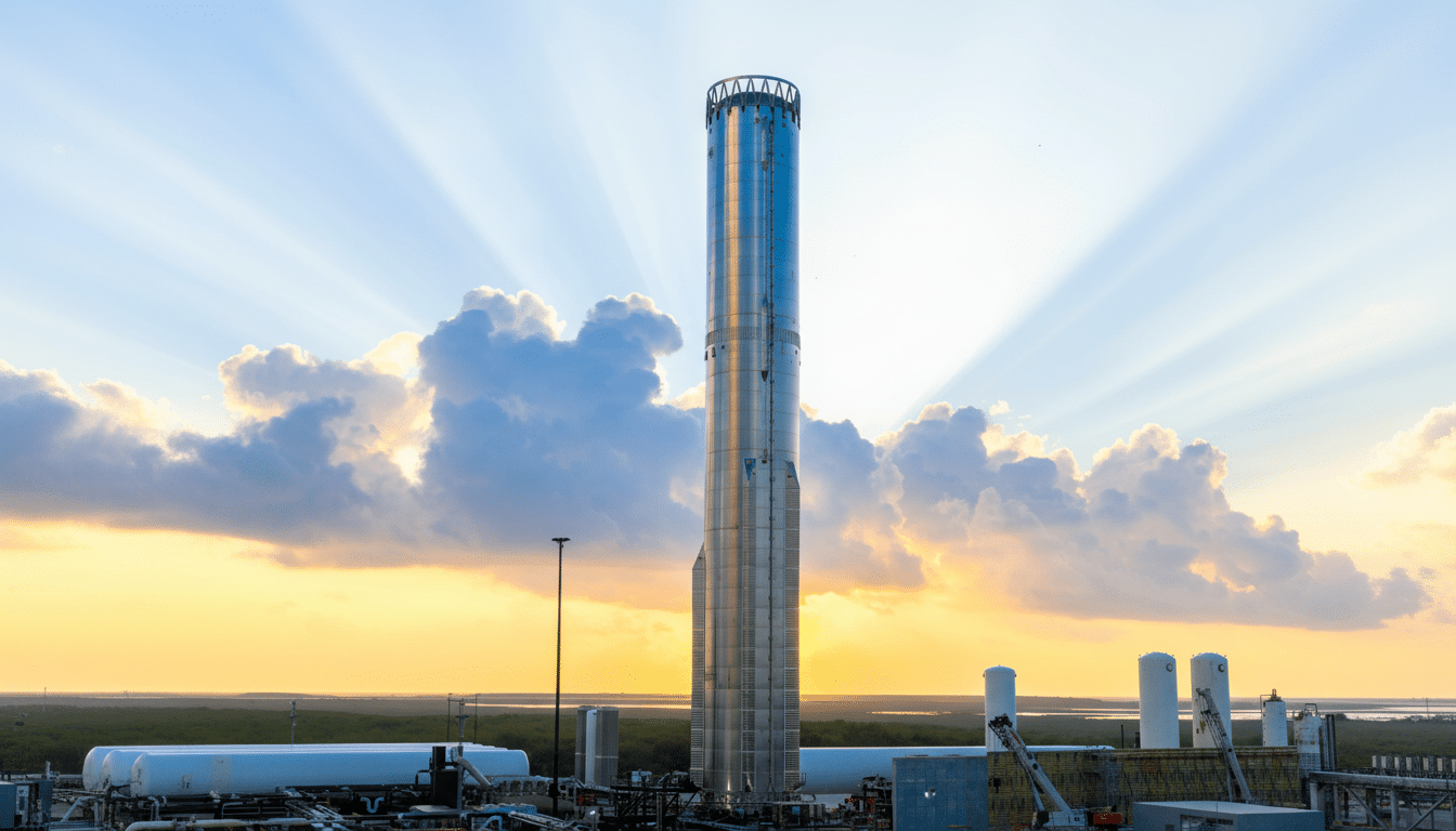 A tall, cylindrical rocket stands against a dramatic sky with sun rays beaming through clouds at sunset.