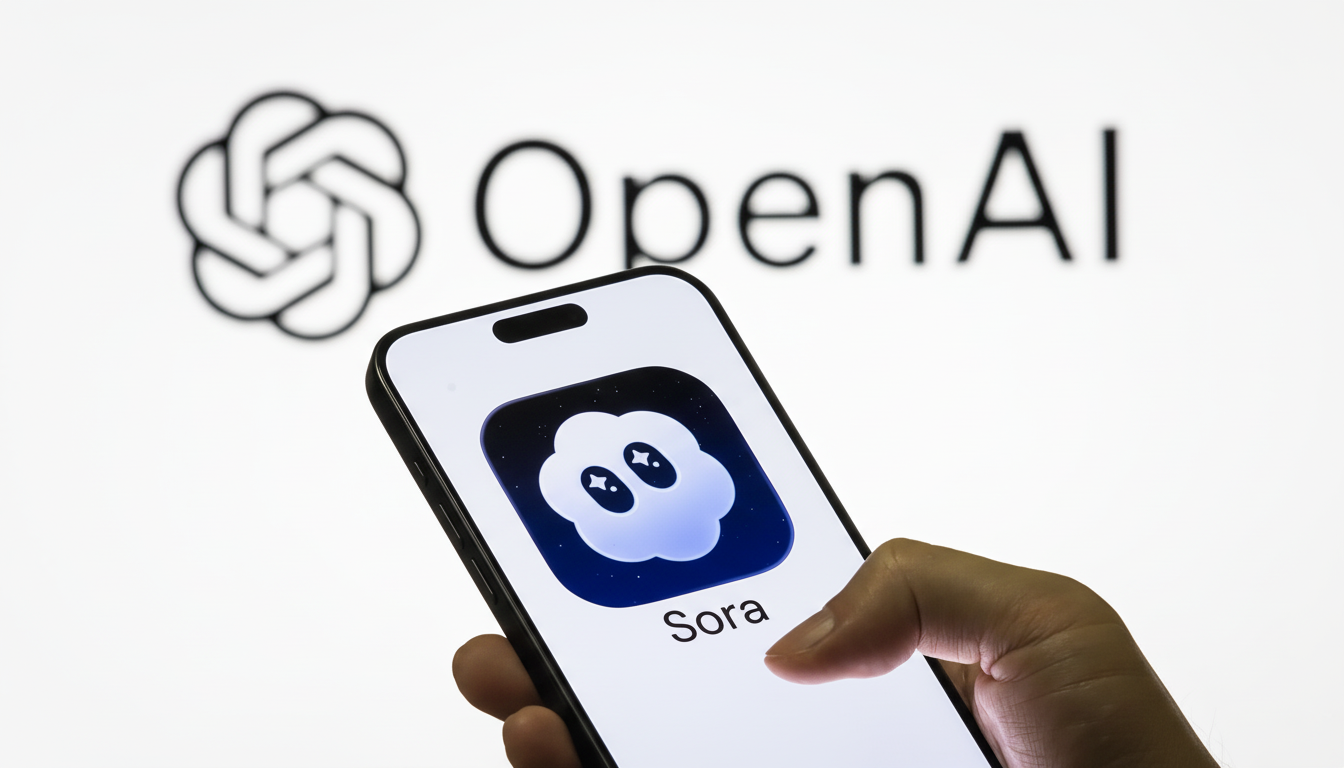 A hand holding a smartphone displaying the Sora app icon, with the OpenAI logo in the background.