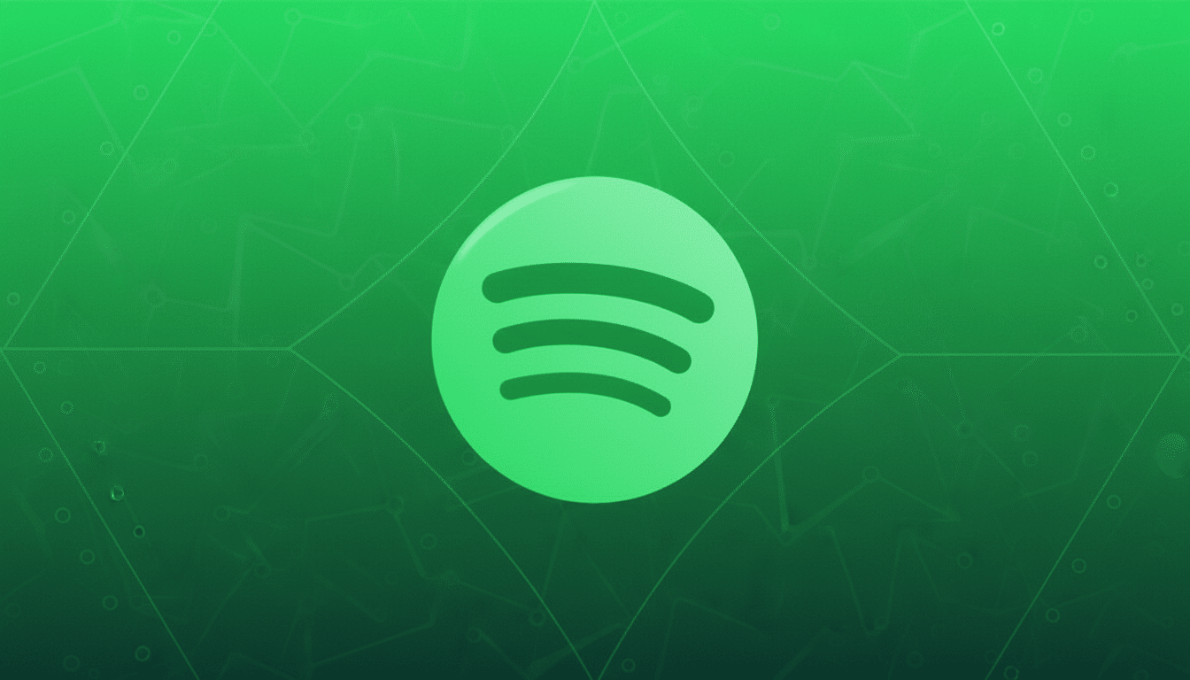 The Spotify logo, a light green circle with three dark green curved lines, centered on a dark green background with subtle geometric patterns.