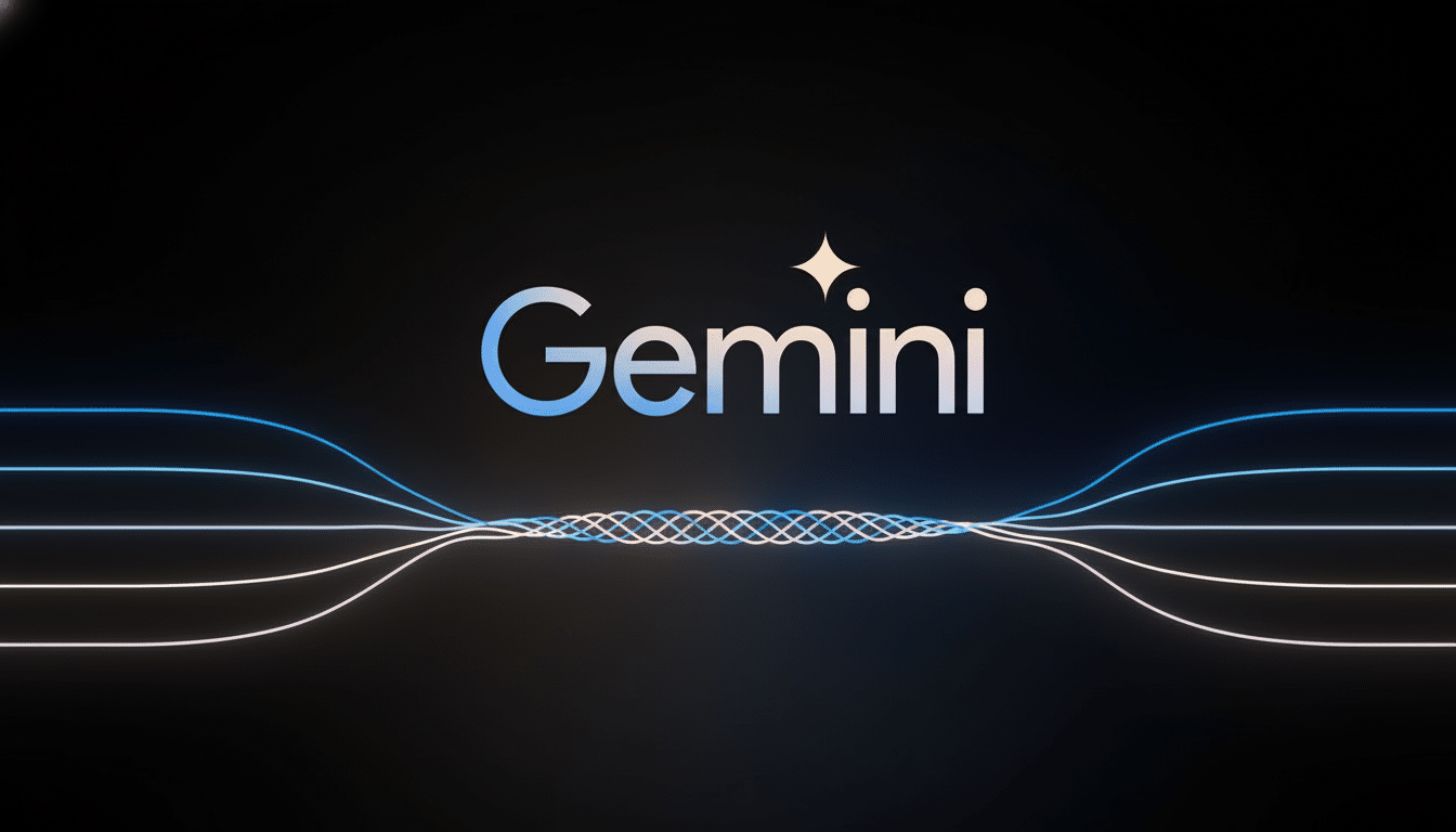 The Gemini logo, featuring the word Gemini in a light blue to white gradient, with a four-pointed star replacing the dot over the i. Below the logo, several thin, glowing lines in shades of blue, pink, and white curve inwards from both sides, meeting in a braided pattern at the center. The background is a dark, solid color.