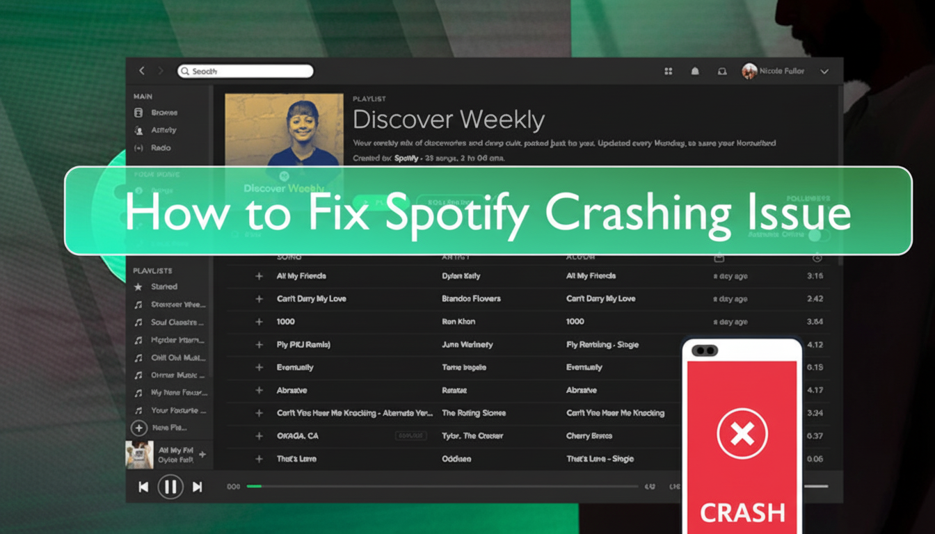 A screenshot of the Spotify desktop application with a green overlay that reads How to Fix Spotify Crashing Issue. A smartphone icon with a red screen and a white X and the word CRASH is in the bottom right corner.