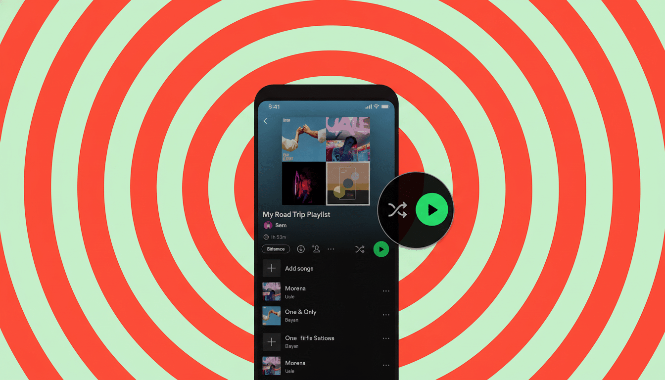 A smartphone displaying a My Road Trip Playlist on a music streaming app, with a green play button icon overlaid, set against a background of red and light green concentric circles.