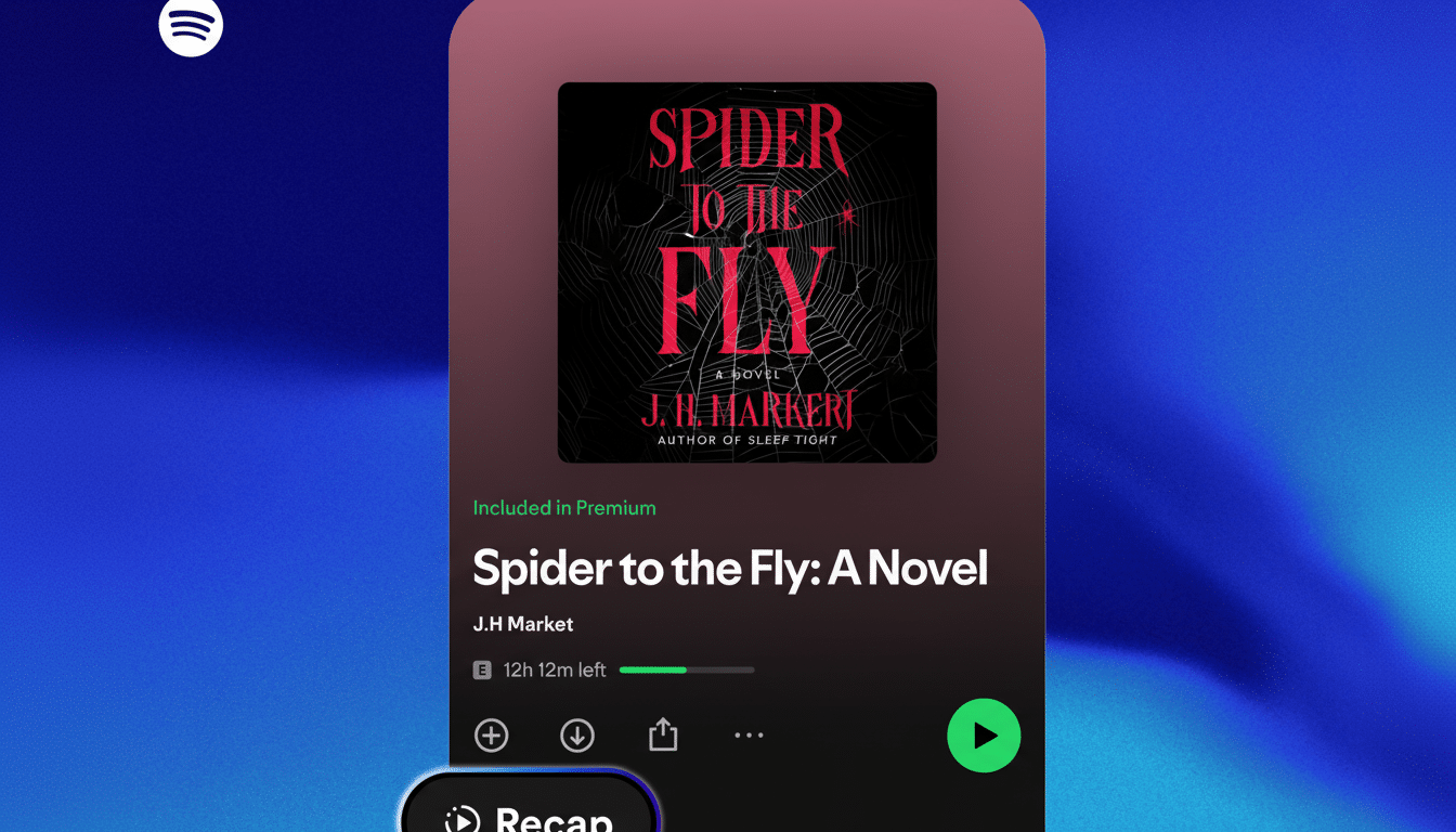 A Spotify screen displaying the audiobook Spider to the Fly: A Novel by J.H. Harker, with a play button and other controls.