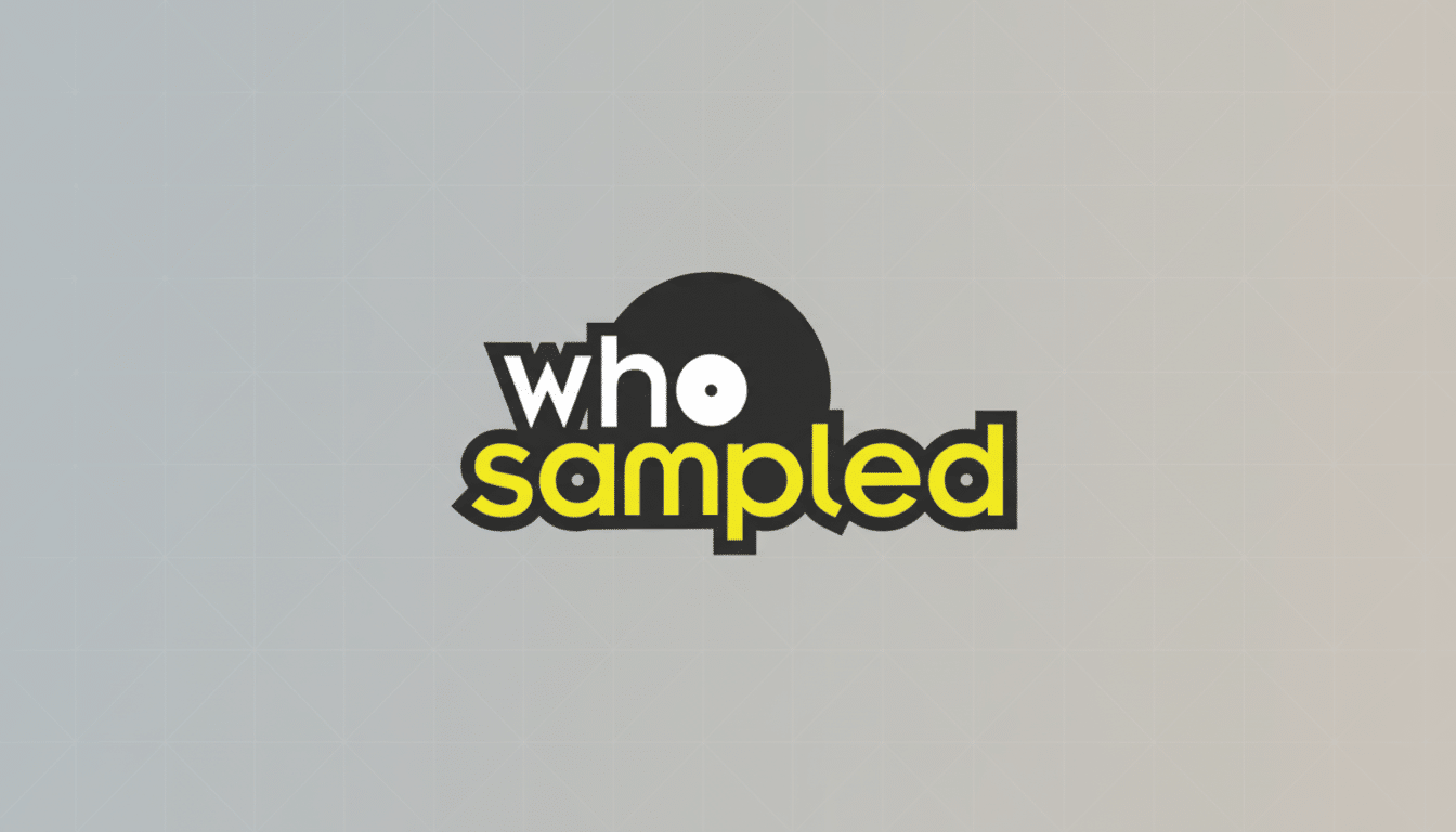 The WhoSampled logo, featuring who in white and sampled in yellow with a black outline, set against a professional gray background with a subtle grid pattern and a soft gradient.