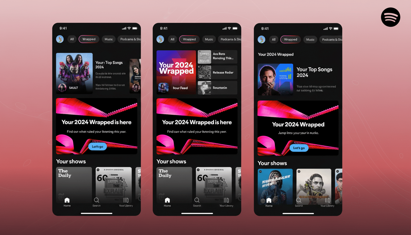 A 16:9 aspect ratio image showing three Spotify app screens, each displaying Your 2024 Wrapped content. The background is a professional flat design with soft patterns and gradients, enhancing the app screens without altering their original content.