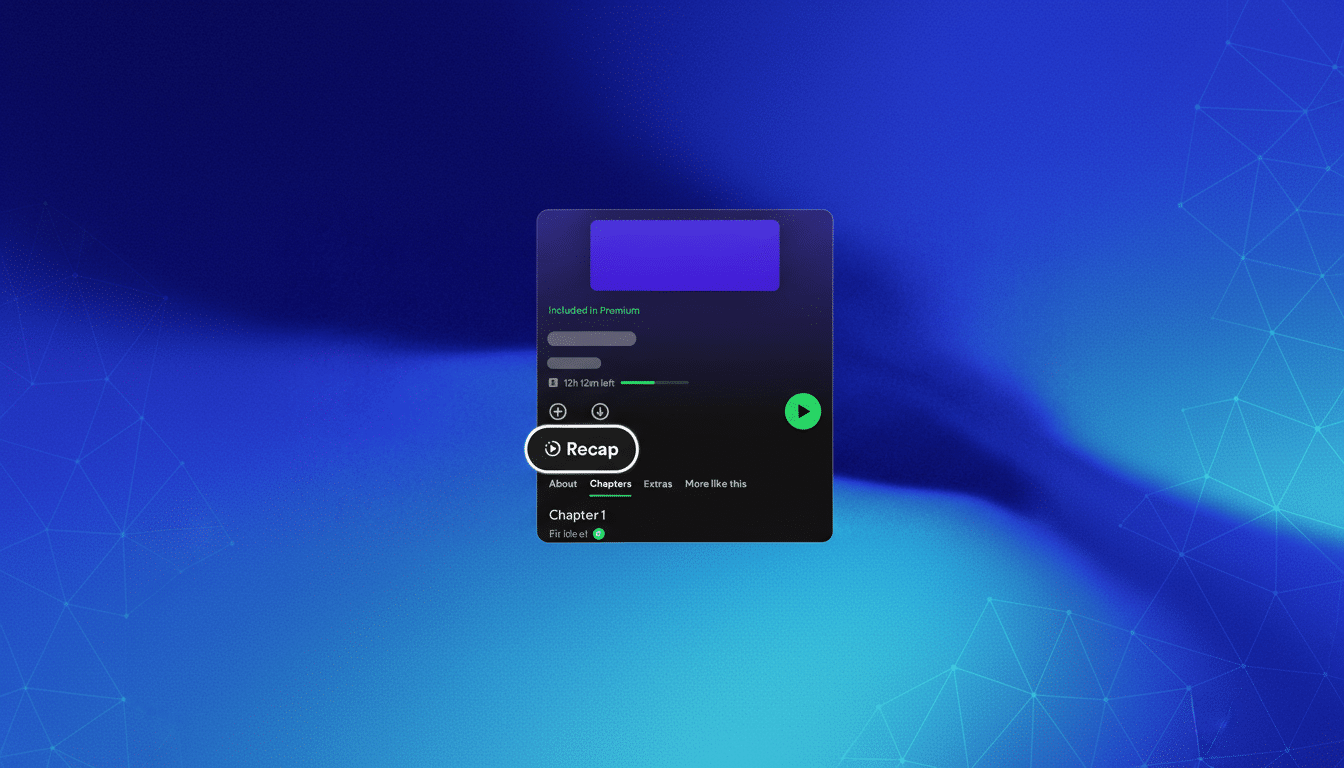 A professional, enhanced image of a mobile app interface, specifically a Recap button and Chapters tab, set against a clean, blue gradient background with subtle geometric patterns.