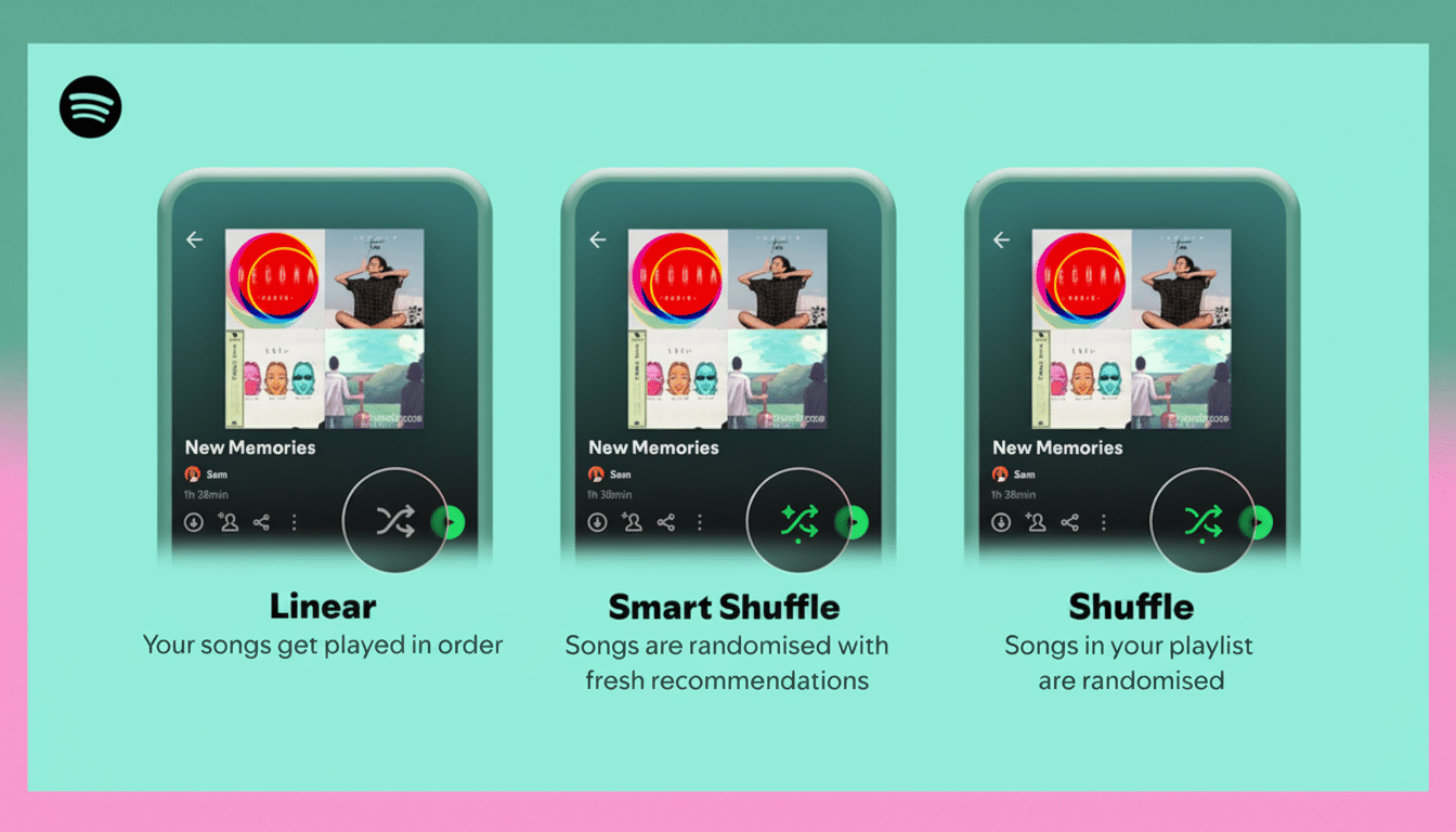 A 16:9 aspect ratio image showing three Spotify mobile screens demonstrating Linear, Smart Shuffle, and Shuffle playback modes. The background remains unchanged.