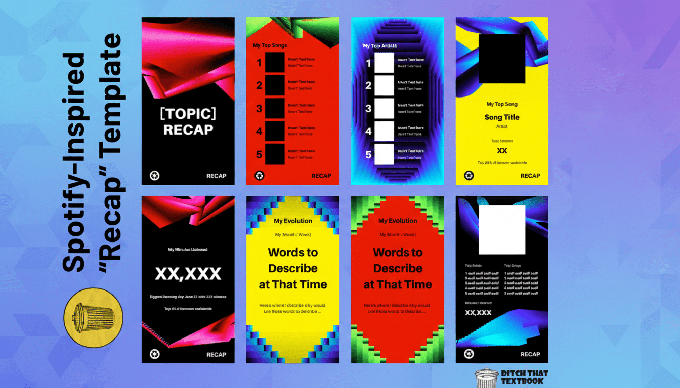 A Spotify-inspired Recap template featuring eight different card designs. The cards display various metrics like My Top Songs, My Top Artists, My Minutes Listened, and Words to Describe at That Time, all with placeholder text. The overall design is vibrant with gradients and geometric patterns, set against a soft blue and purple gradient background.