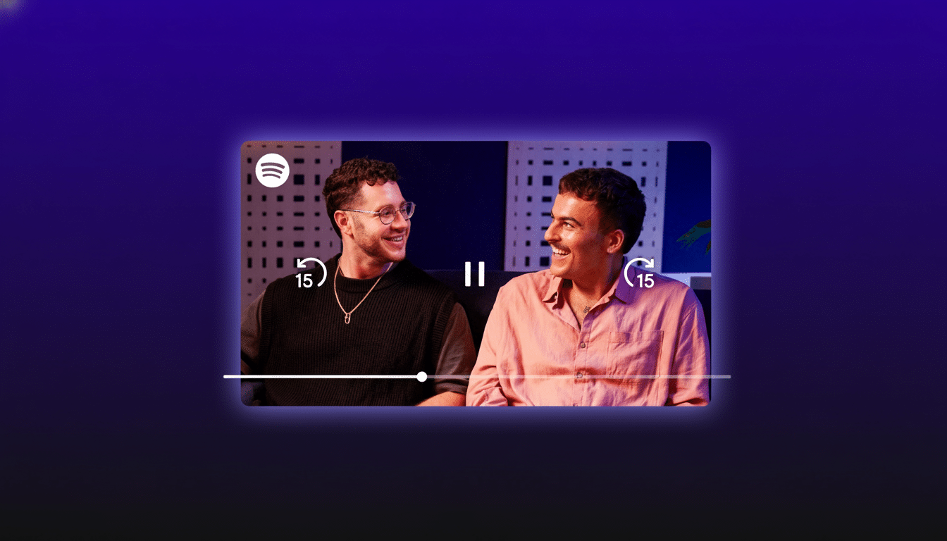 Two men smiling and looking at each other, displayed within a video player interface with Spotify branding, set against a purple gradient background.