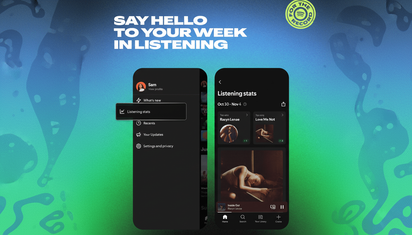 A 16:9 aspect ratio image showing two mobile phone screens displaying Spotifys Listening stats feature. The left screen shows a menu with Listening stats highlighted, and the right screen displays the listening stats interface with top artists and songs. The background is a professional flat design with soft patterns and gradients, and the For The Record logo is in the top right corner.