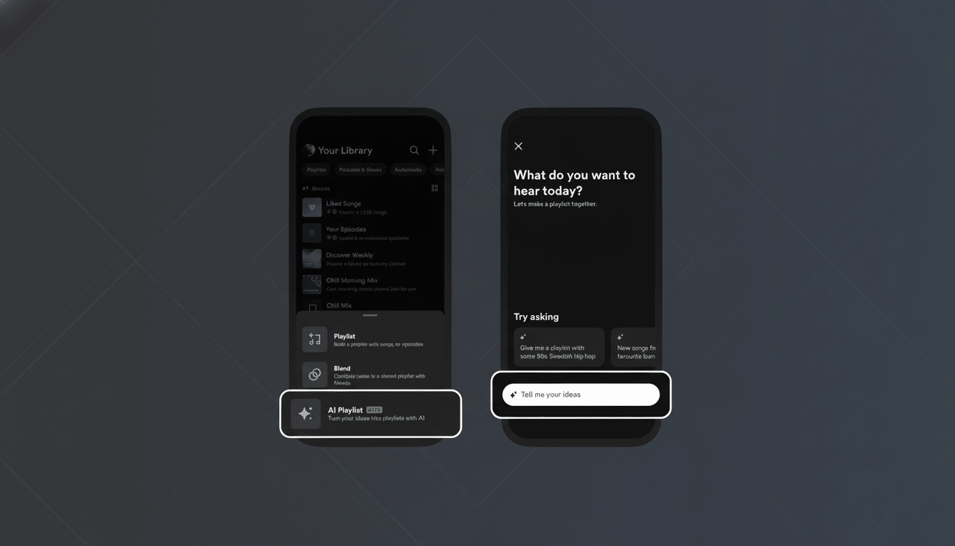 A 16:9 aspect ratio image showing two mobile phone screens displaying the Spotify app. The left screen shows Your Library with options like Liked Songs, Your Episodes, Discover Weekly, Chill Morning Mix, and a new AI Playlist feature. The right screen shows What do you want to hear today? with a text input field labeled Tell me your ideas and suggestions like Give me a playlist with some 90s Swedish hip hop. The background is a professional flat design with soft patterns.