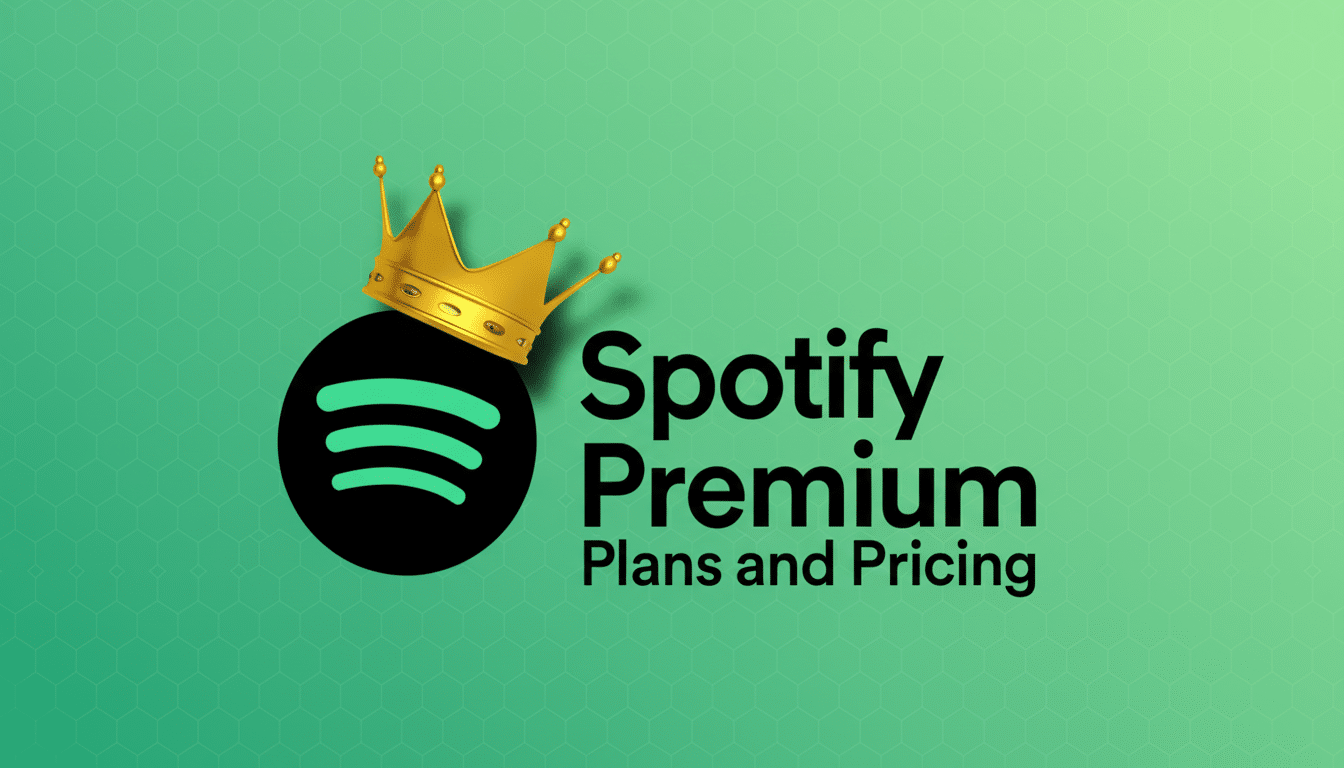 The Spotify Premium logo with a golden crown on the Spotify icon, set against a professional green gradient background with a subtle hexagonal pattern.