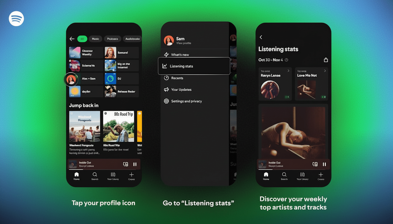 A 16:9 aspect ratio image showing three Spotify app screens demonstrating how to access Listening stats. The first screen shows the home page with a profile icon highlighted. The second screen shows a menu with Listening stats selected. The third screen displays the Listening stats page with top artists and tracks. The background is a professional flat design with a soft green and blue gradient.