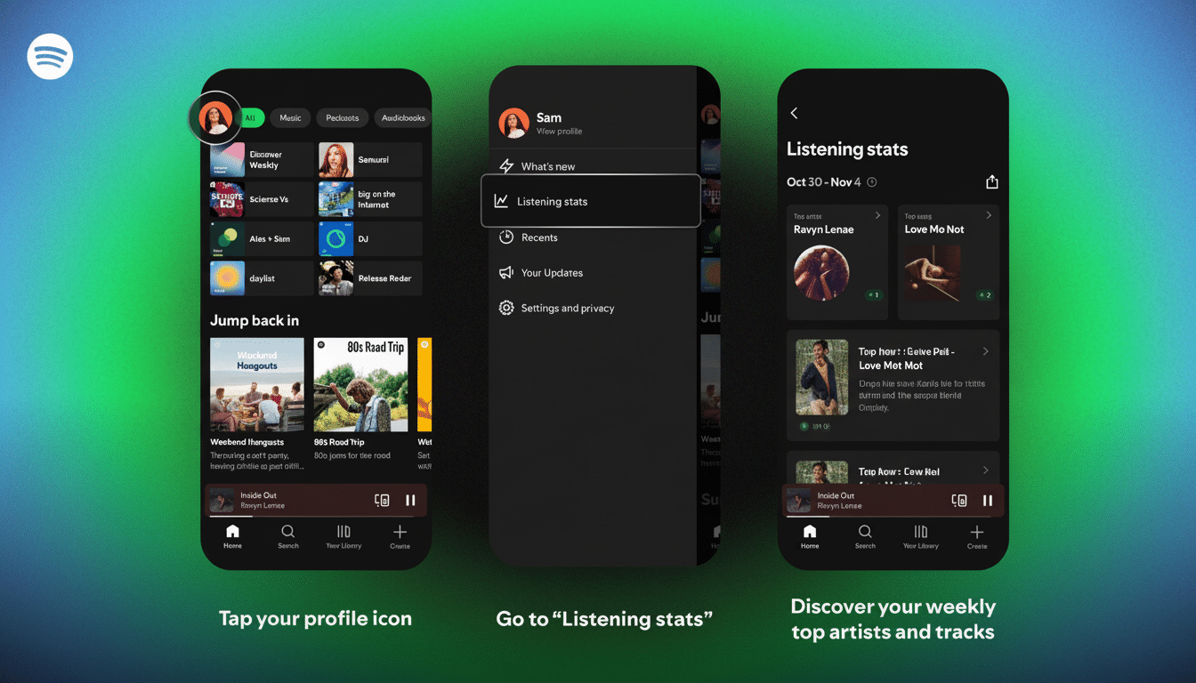 A 16:9 aspect ratio image showing three Spotify app screens. The first screen shows the home interface with various playlists and podcasts. The second screen displays the users profile menu with Listening stats highlighted. The third screen shows the Listening stats page with top artists and tracks.