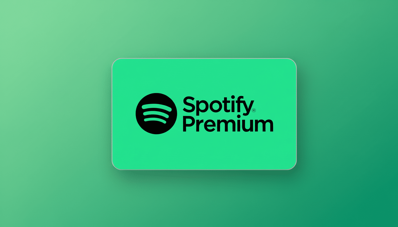 A Spotify Premium logo on a green card, centered on a professional flat design background with a soft green gradient.