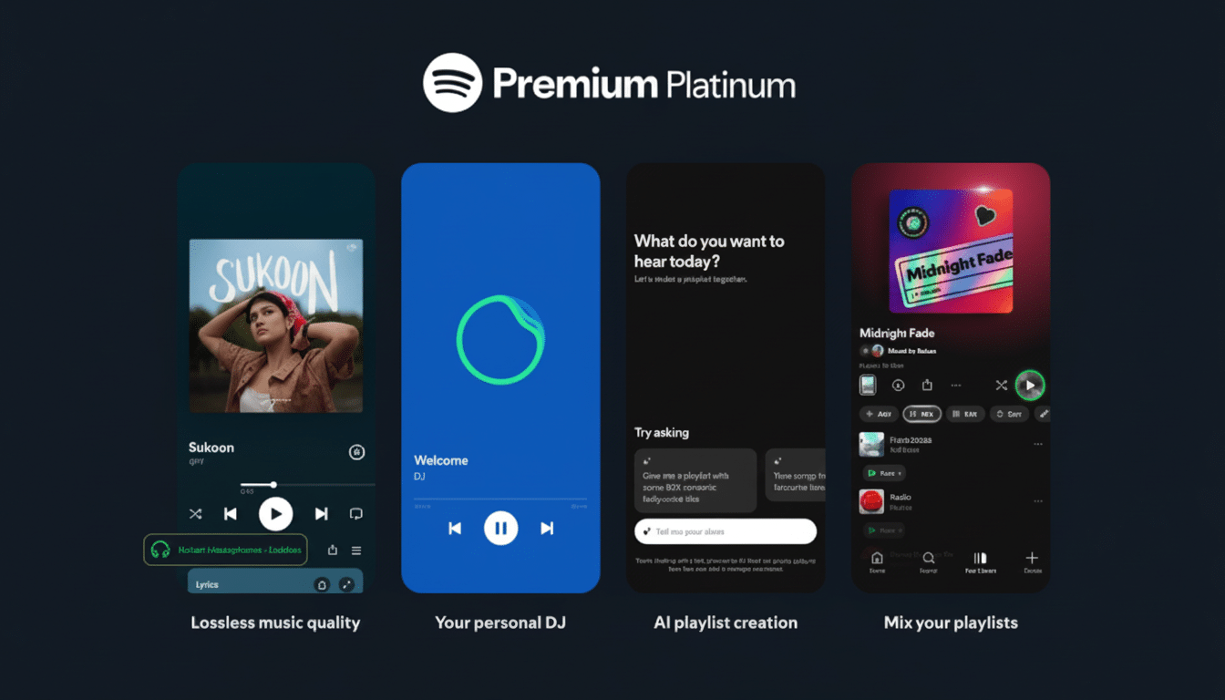 A 16:9 aspect ratio image showcasing Spotify Premium Platinum features, including lossless music quality, a personal DJ, AI playlist creation, and mix your playlists, with a woman in headphones on the Sukoon album cover.