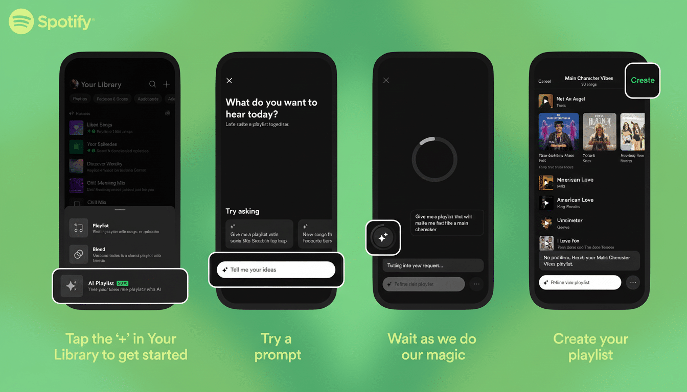 A 16:9 aspect ratio image showing four mobile phone screens demonstrating the Spotify AI Playlist feature. The first screen shows AI Playlist highlighted in the library. The second screen prompts the user to Tell me your ideas for a playlist. The third screen shows a loading animation as the AI generates the playlist. The fourth screen displays the generated Main Character Vibes playlist with 30 songs.