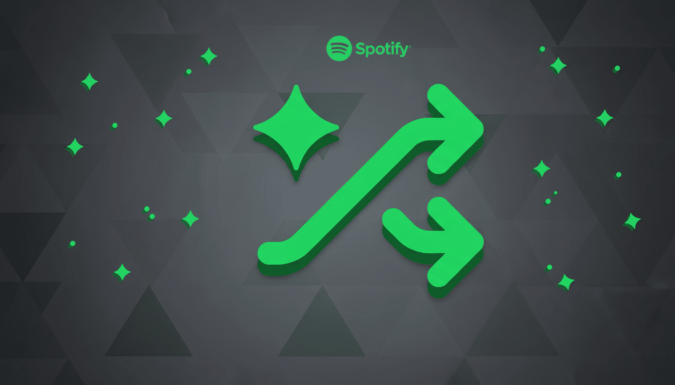 A professional enhancement of the Spotify shuffle icon, featuring a green intertwined arrow and a star, set against a dark grey background with subtle geometric patterns and gradients. The Spotify logo is at the top center.