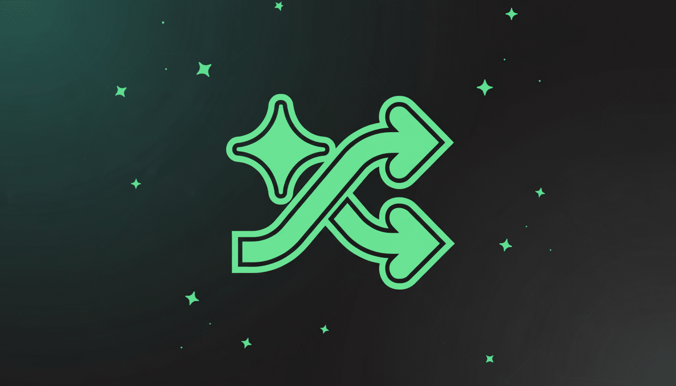 A green icon with two intertwined arrows pointing right and a star-like shape, set against a dark background with a subtle green gradient and small star accents.