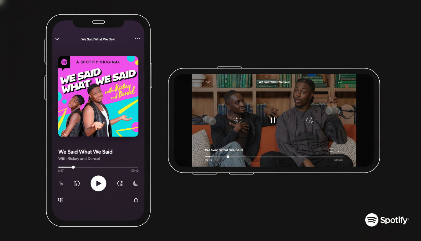 A smartphone displaying the We Said What We Said podcast on Spotify, alongside a horizontal smartphone playing a video of the podcast hosts.