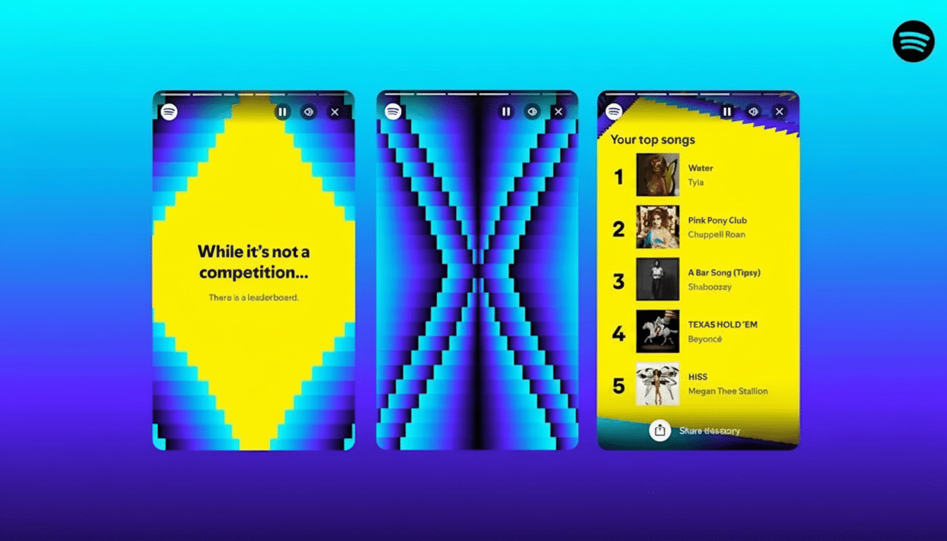 A 16:9 aspect ratio image showing three Spotify app screens on a blue and purple gradient background. The screens display a While its not a competition... message, a blue and black pixelated pattern, and a Your top songs list.