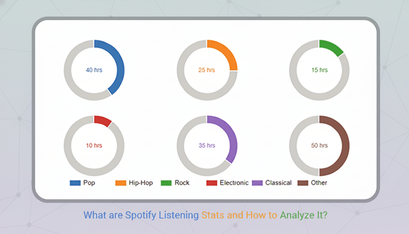 A 16:9 aspect ratio image showing a Spotify listening stats chart with six donut graphs representing different music genres and their listening hours, set against a professional flat design background with soft patterns.