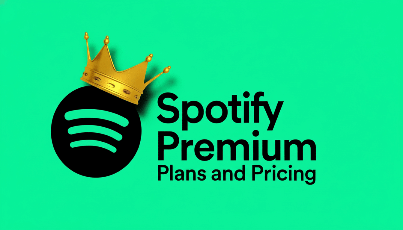 The Spotify Premium logo with a golden crown on the Spotify icon, set against a vibrant green background, with the text Spotify Premium Plans and Pricing in black.