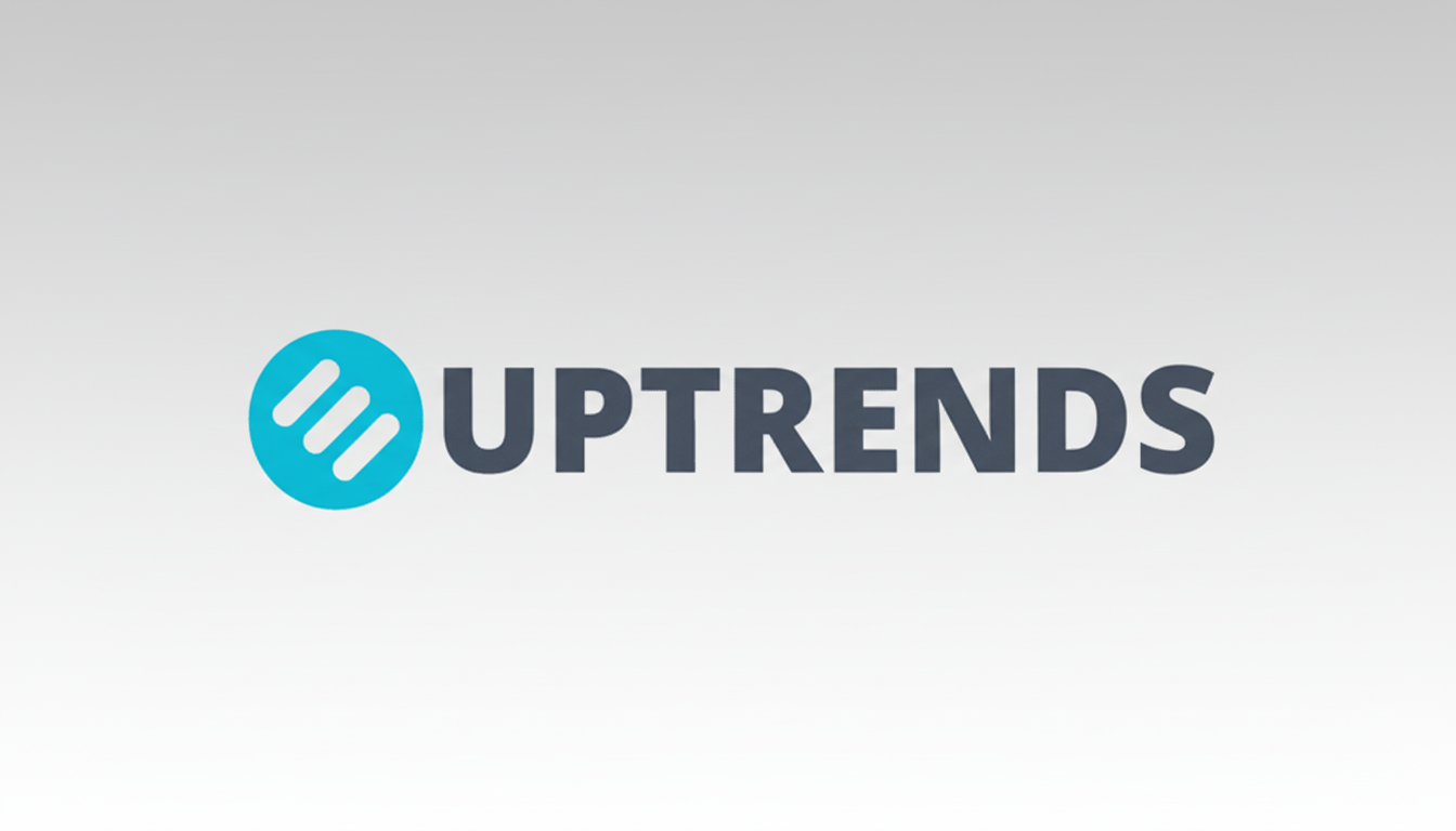 The UPTRENDS logo, featuring a teal circular icon with three white diagonal lines, next to the word UPTRENDS in dark gray, all set against a professional light gray gradient background.