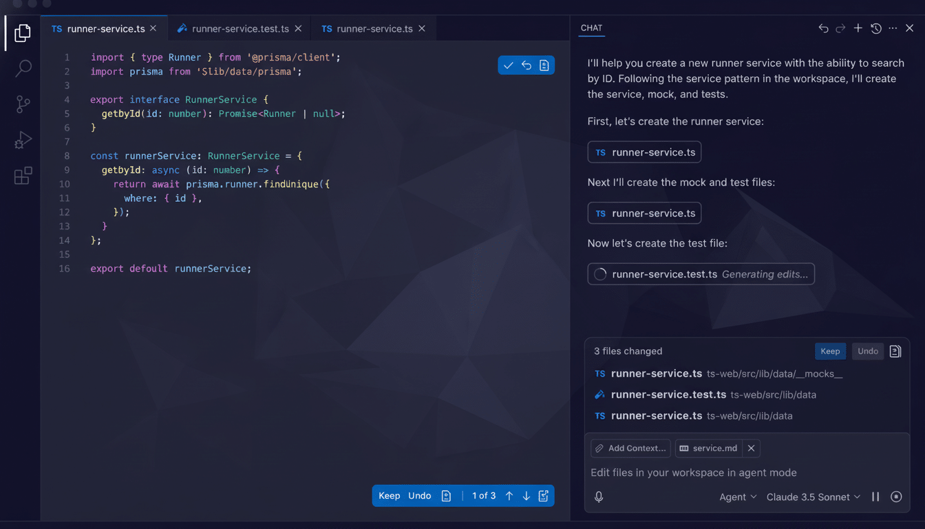 A screenshot of a code editor with a chat interface, showing a TypeScript file named `runner-service.ts` open, displaying code for a `runnerService` with a `getById` function. The chat interface on the right shows a conversation about creating a new runner service.