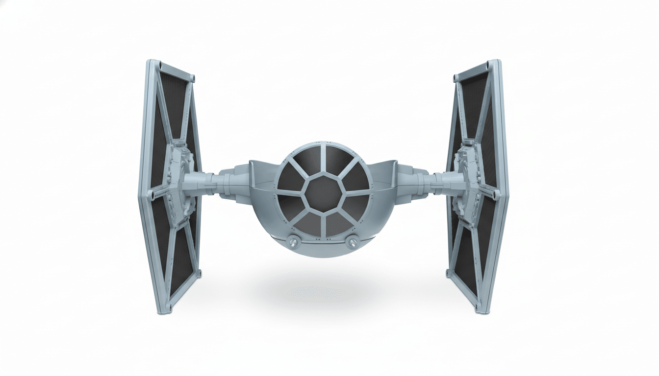 A 16:9 aspect ratio image of a TIE fighter on a white background.