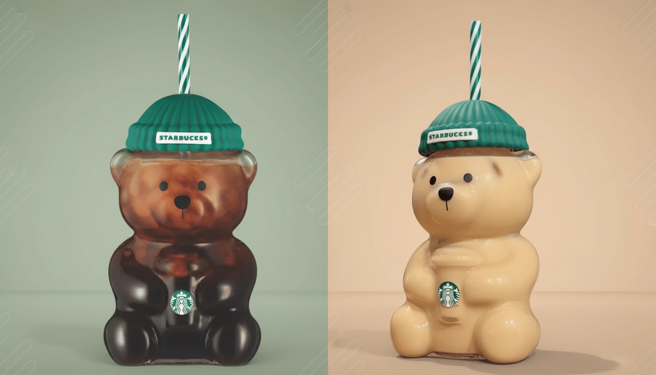 A split image showing two bear-shaped Starbucks cold brew bottles with green knitted hats and striped straws. The left bottle contains dark coffee, and the right bottle contains a lighter, creamy beverage.
