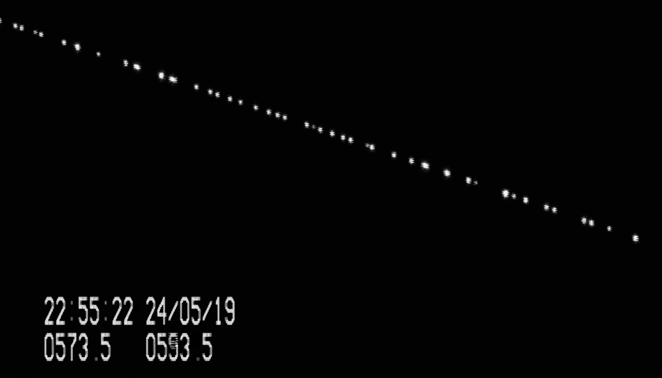 A dark image showing a diagonal line of bright, evenly spaced dots, likely satellites, with a timestamp and numerical data in the bottom left corner.