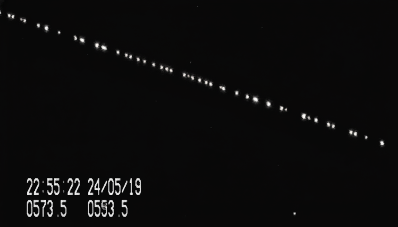 A black and white image showing a diagonal line of bright, evenly spaced dots across a dark sky, with a timestamp 22:55:22 24/05/19 and numbers 0573.5 0553.5 in the bottom left corner.