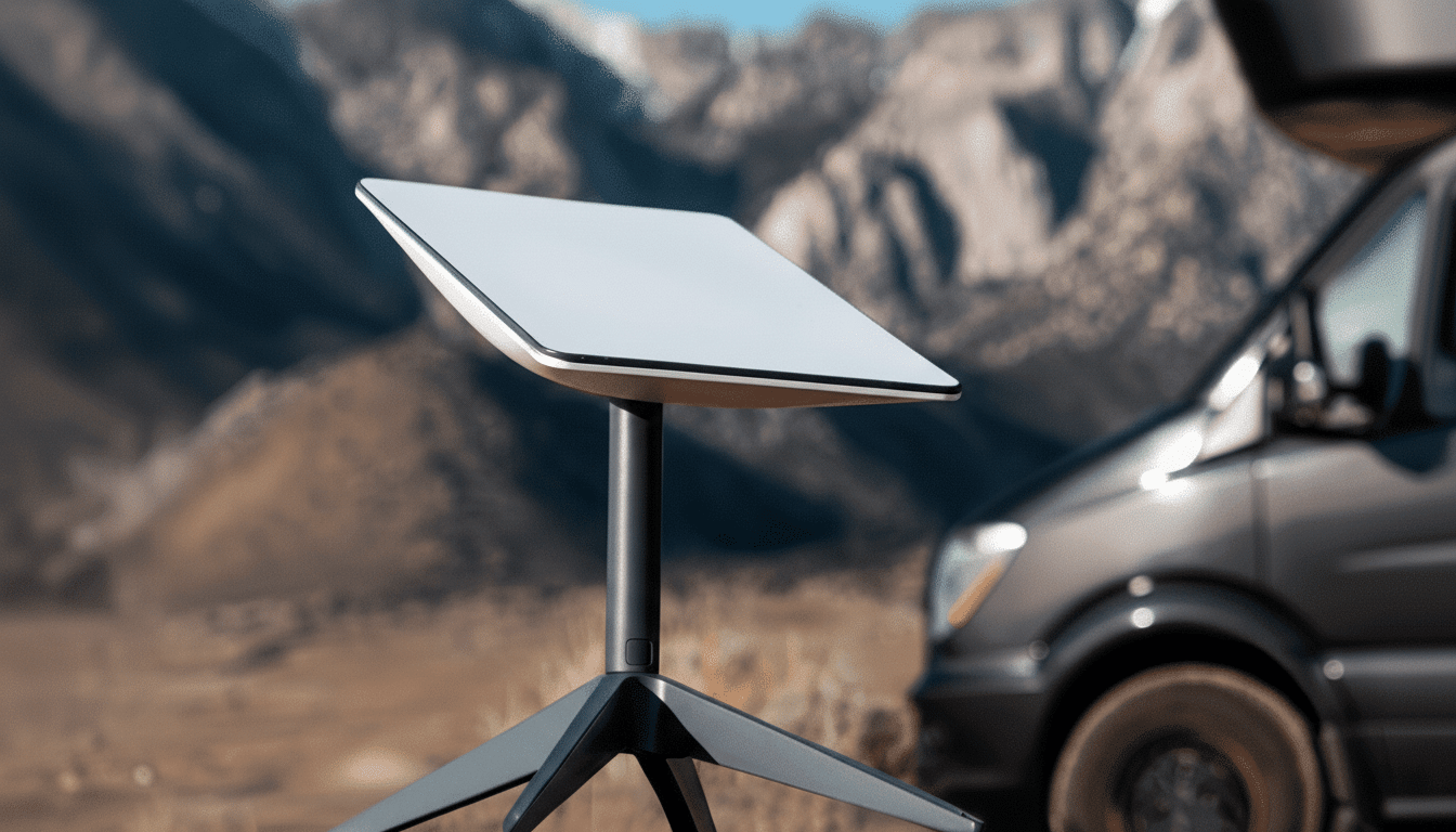 A Starlink satellite dish in a mountainous outdoor setting, with a camper van partially visible in the background.