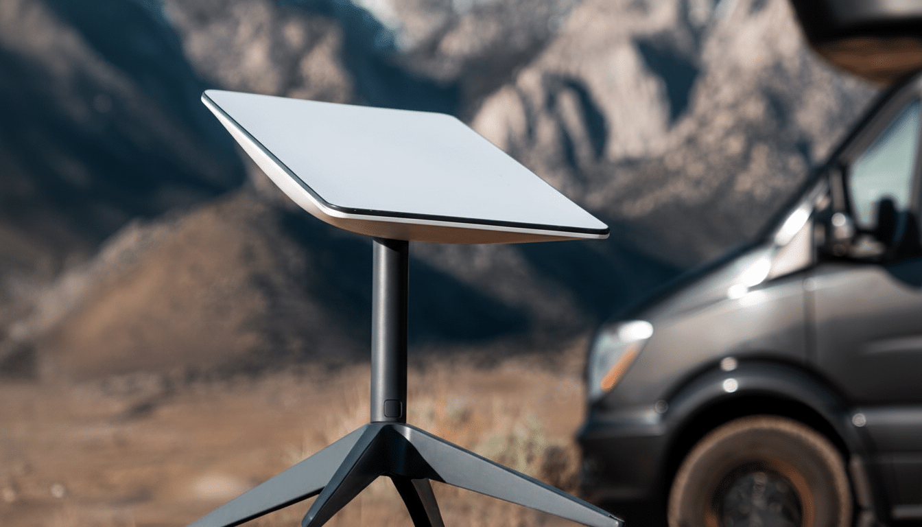 A Starlink satellite dish on a tripod stand in a mountainous outdoor setting, with a partial view of a vehicle on the right.